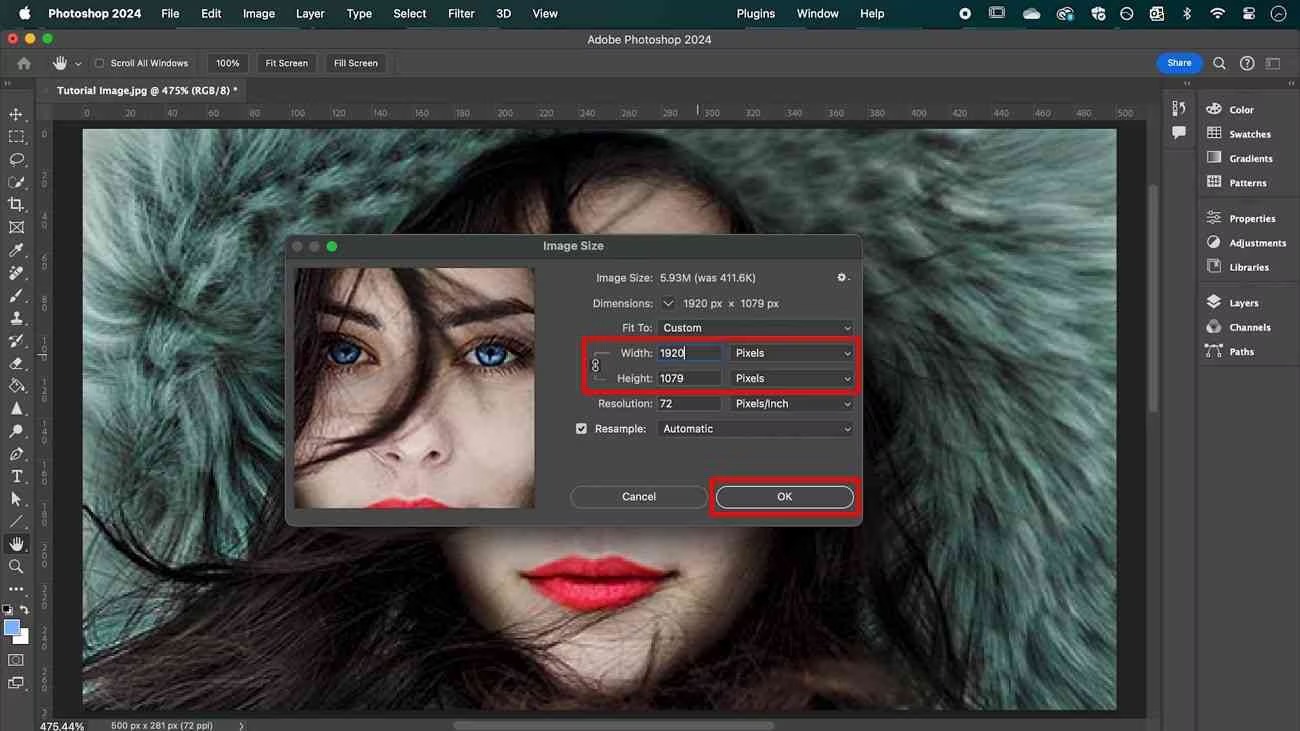 Окно Image Size в Photoshop с Width, Height, Resolution и Resample