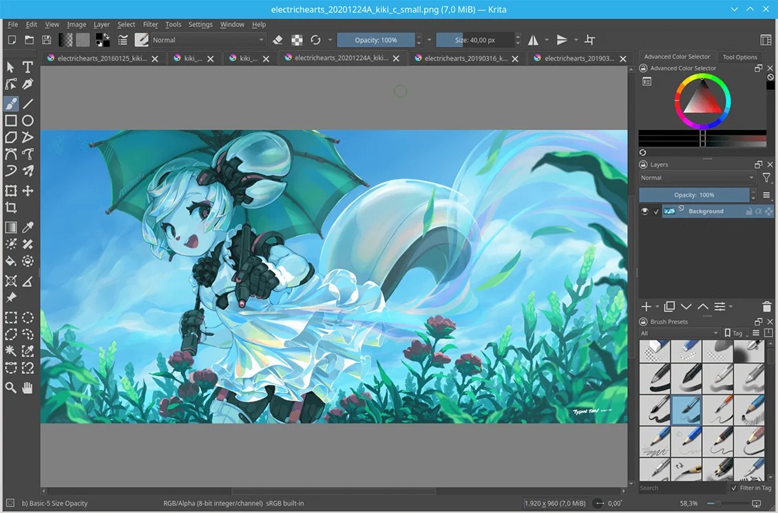 Интерфейс Krita с холстом, кистями и панелью слоёв