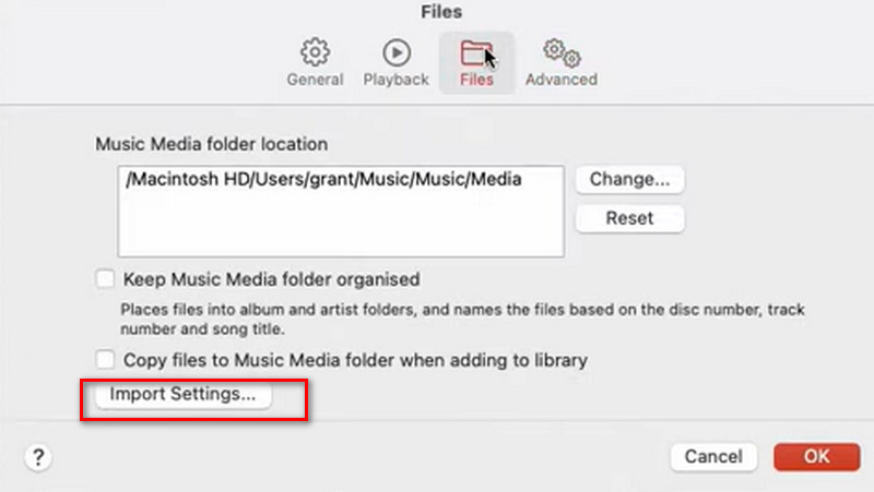 Параметры импорта в Apple Music на Mac