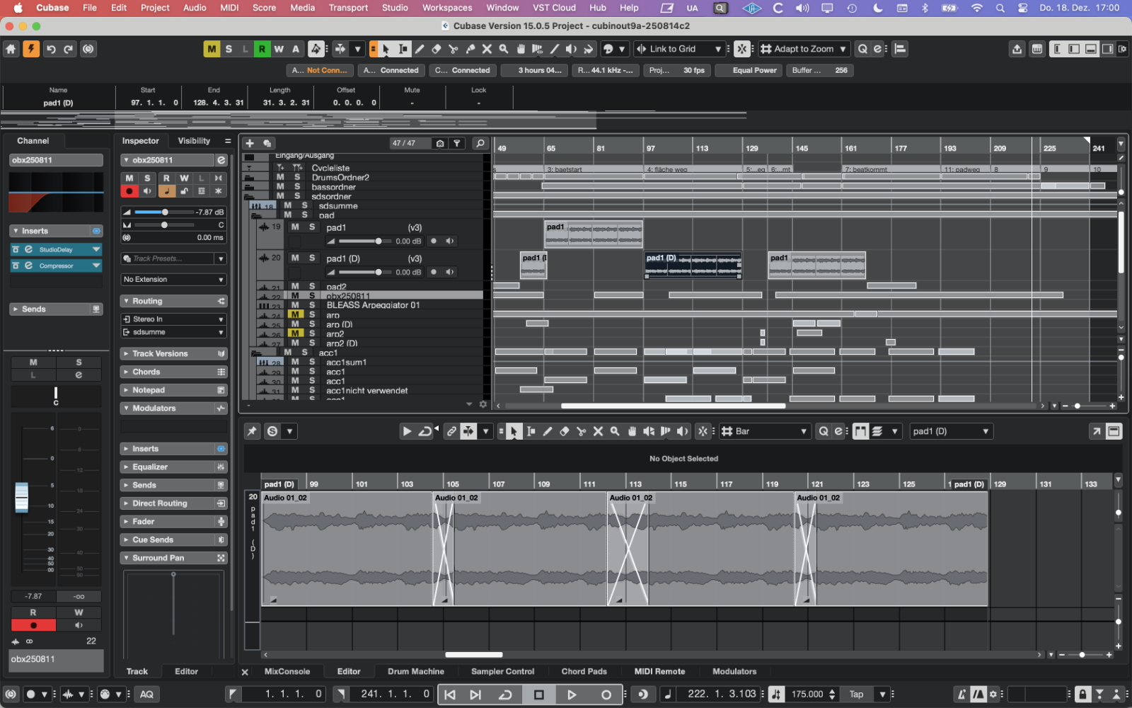 Интерфейс Cubase 15 с проектом, дорожками и панелями редактирования