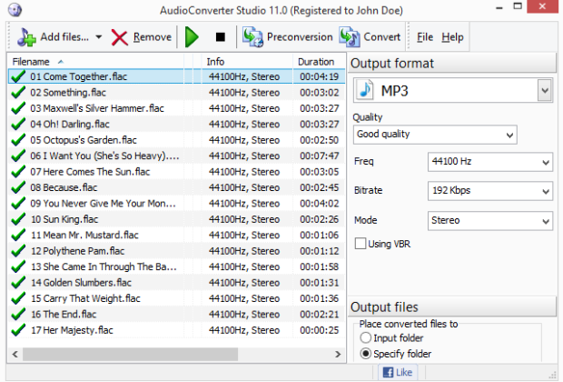 AudioConverter Studio 11 с очередью файлов и параметрами MP3 192 Kbps 44100 Hz Stereo