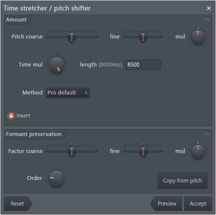 Инструмент Time Stretch and Pitch Shift в Edison FL Studio
