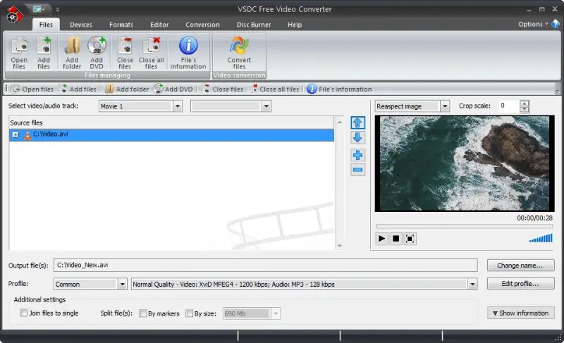 Окно VSDC Free Video Converter с панелью профилей и очередью конвертации