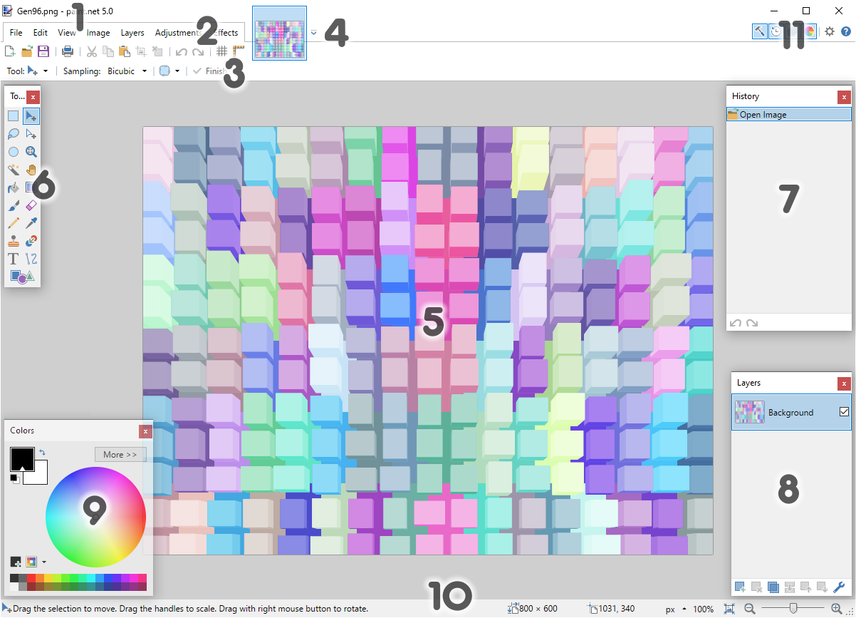 Главное окно Paint.NET с холстом и панелями Tools, History, Layers и Colors
