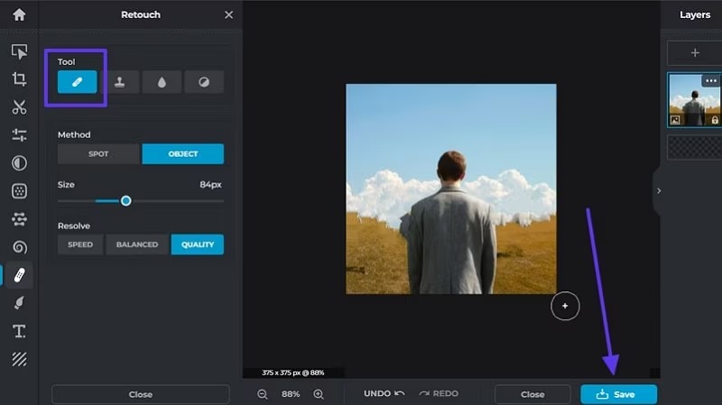 Pixlr Express: панель Heal Repair с режимами Spot и Object и настройкой размера кисти
