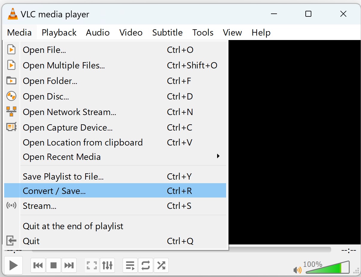 Меню VLC media player с командой Convert Save