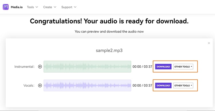 Предпрослушивание и загрузка отделённых дорожек в Media.io Vocal Remover