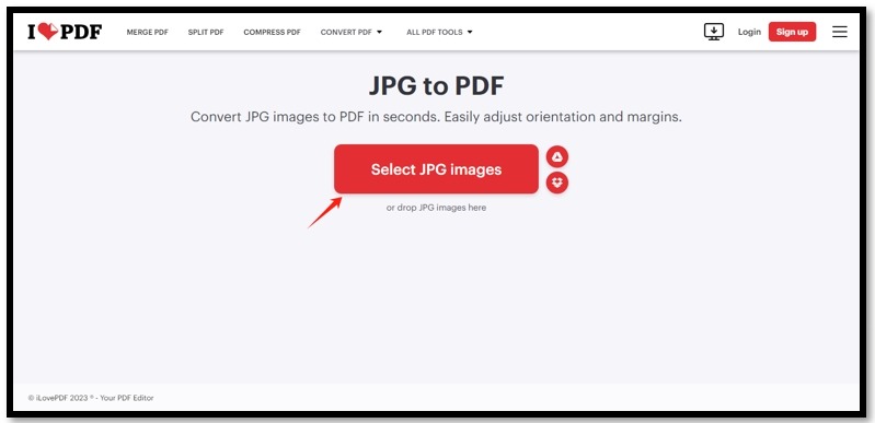 Интерфейс iLovePDF JPG to PDF с параметрами ориентации, размера и полей