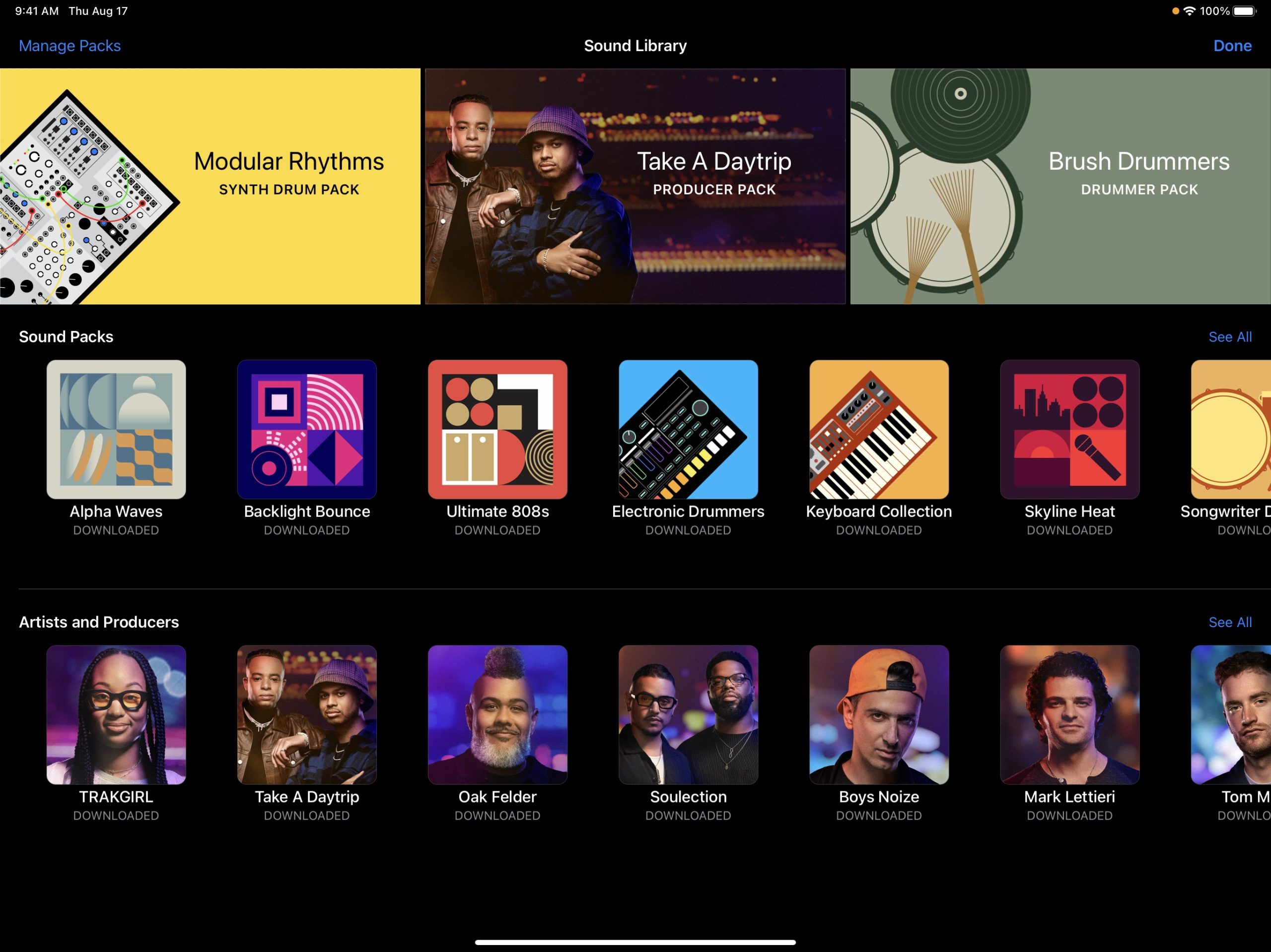 GarageBand на iPad с многодорожечным проектом и временной шкалой