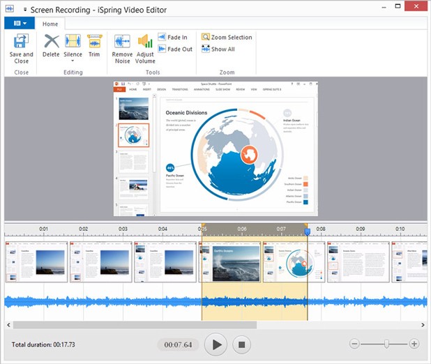Редактор iSpring Free Cam с таймлайном, аудиоволной и инструментами Trim и Remove Noise