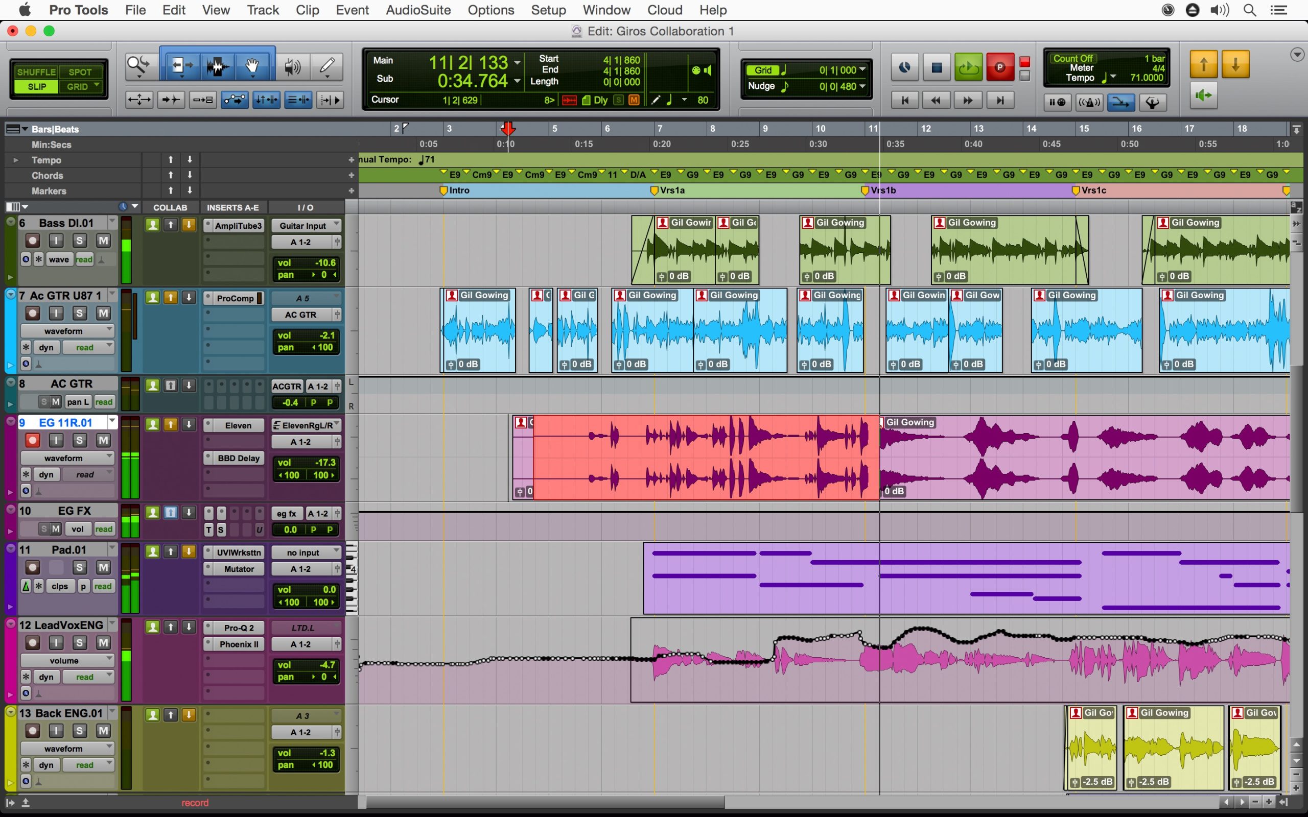 Интерфейс Pro Tools с дорожками и временной шкалой