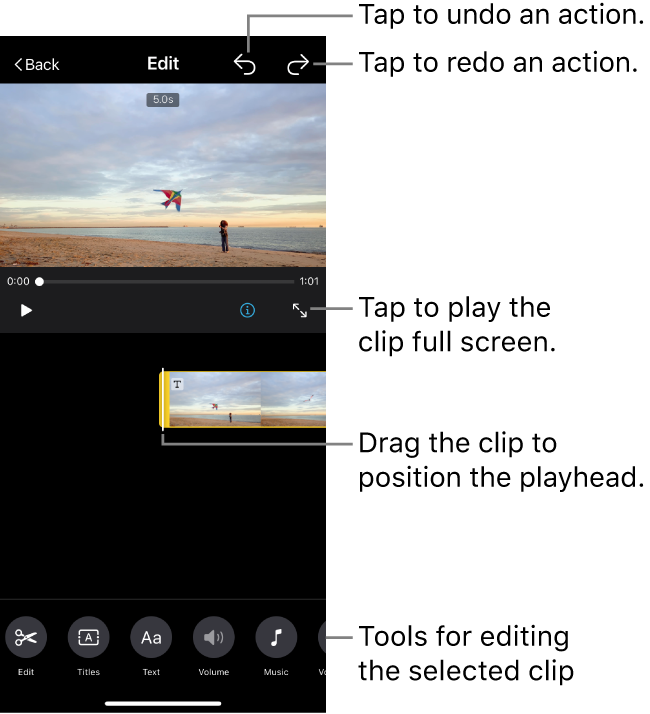 Интерфейс iMovie на iPhone с кнопкой Music