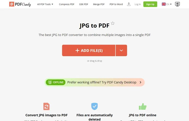 Интерфейс PDF Candy JPG to PDF с областью загрузки изображений