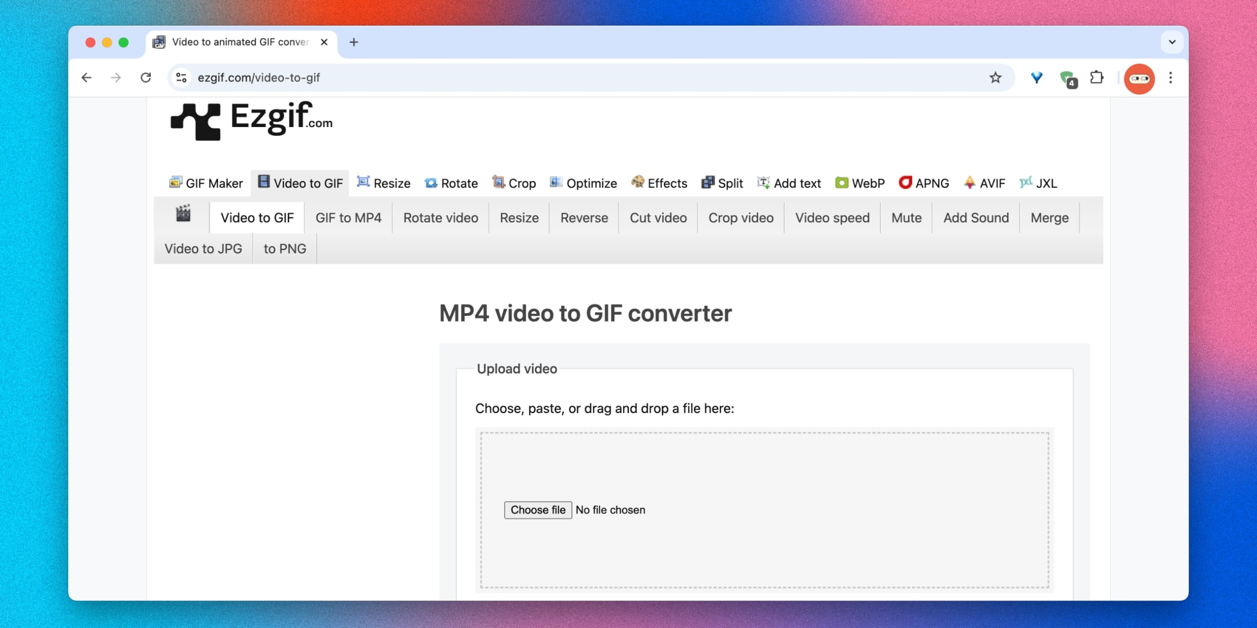 Интерфейс Ezgif Video to GIF с полем загрузки видео