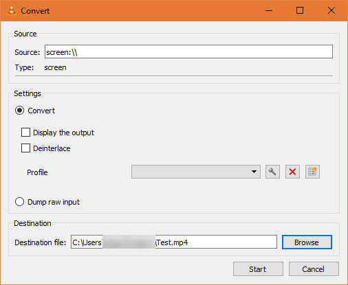 Окно VLC Convert с профилем и выбором файла назначения