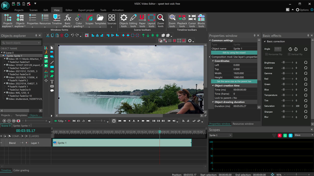 Рабочее окно VSDC Free Video Editor с панелью объектов, предпросмотром и таймлайном