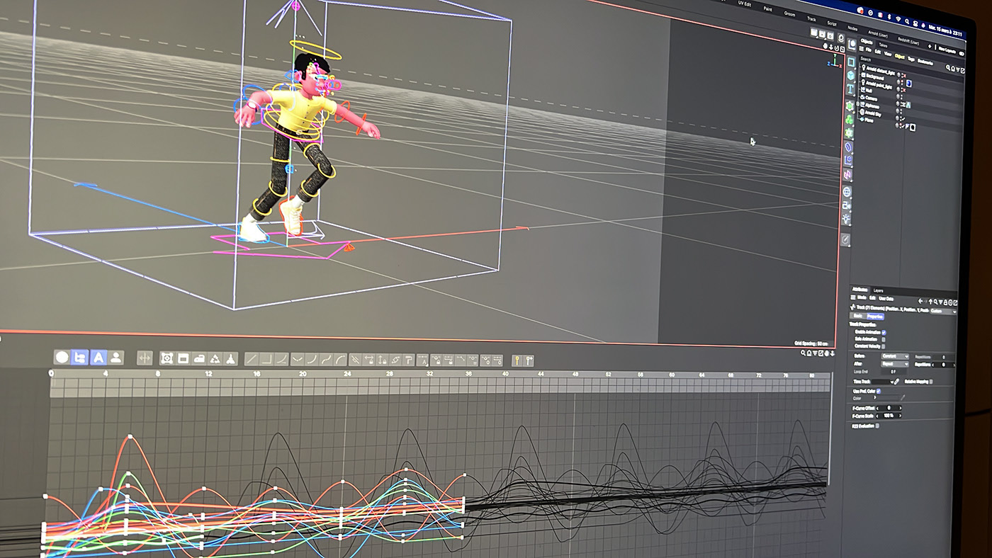 Интерфейс Cinema 4D с ригом персонажа и кривыми анимации