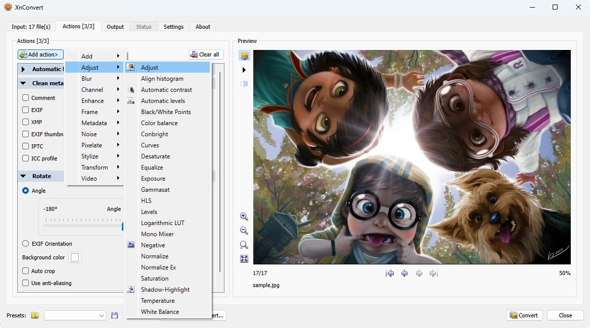 Рабочее окно XnConvert с вкладкой Actions