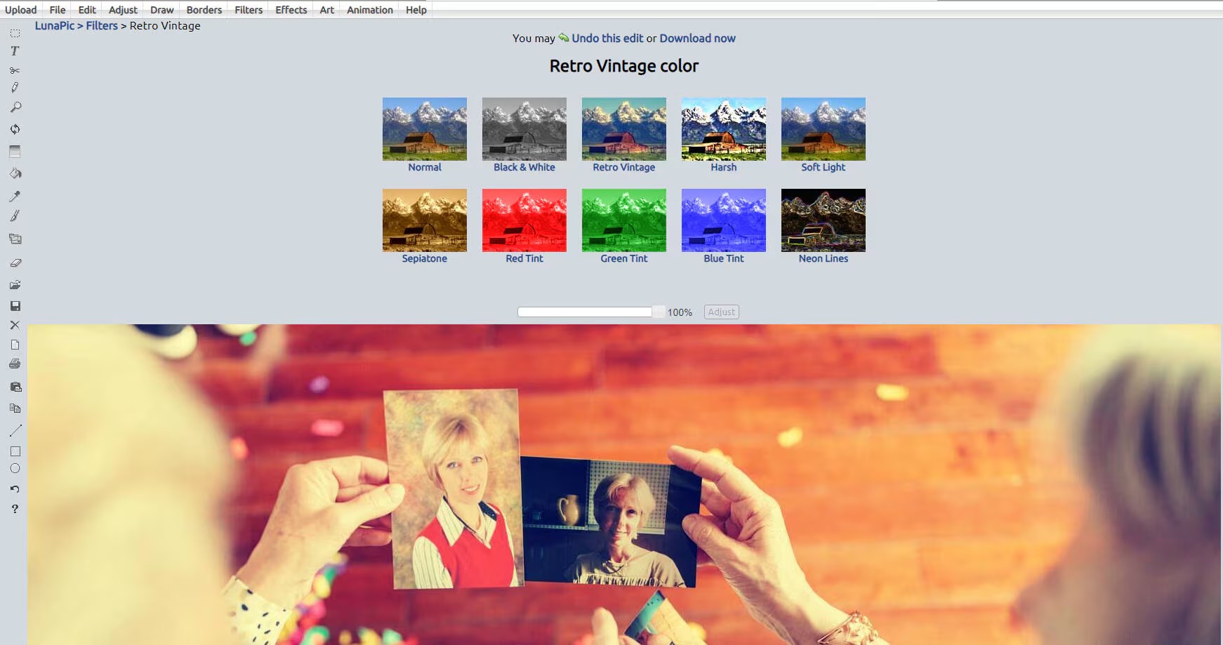 Интерфейс LunaPic с фильтром Retro Vintage