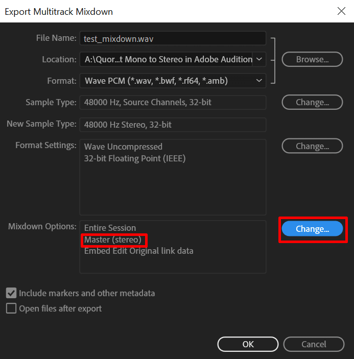 Окно Export Multitrack Mixdown в Adobe Audition с Master stereo