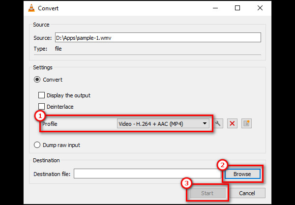 Окно Convert в VLC с профилем Video H.264 AAC MP4