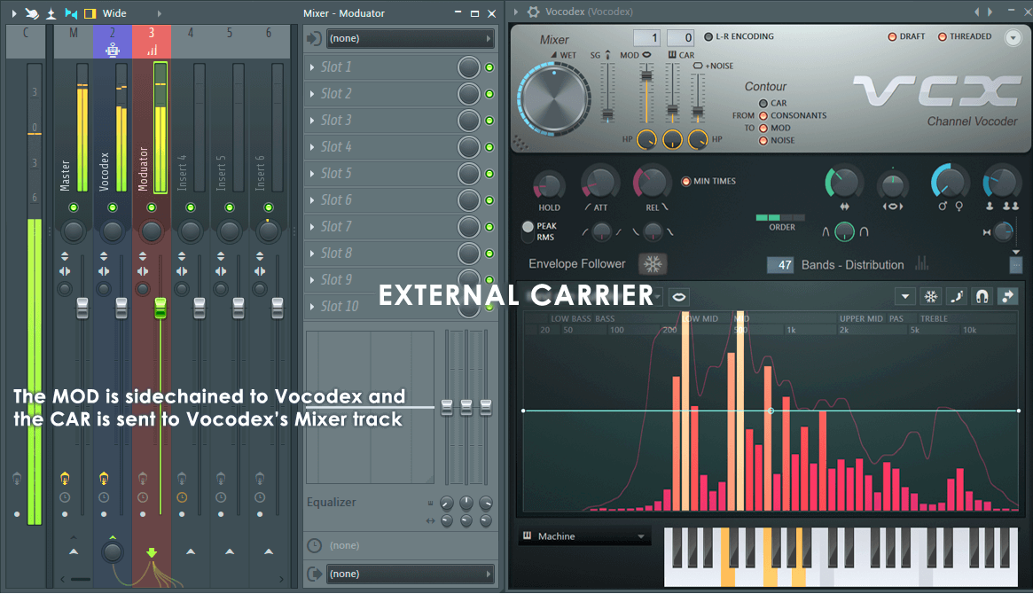 Схема маршрутизации внешнего модулятора и несущей в Vocodex через FL Studio Mixer