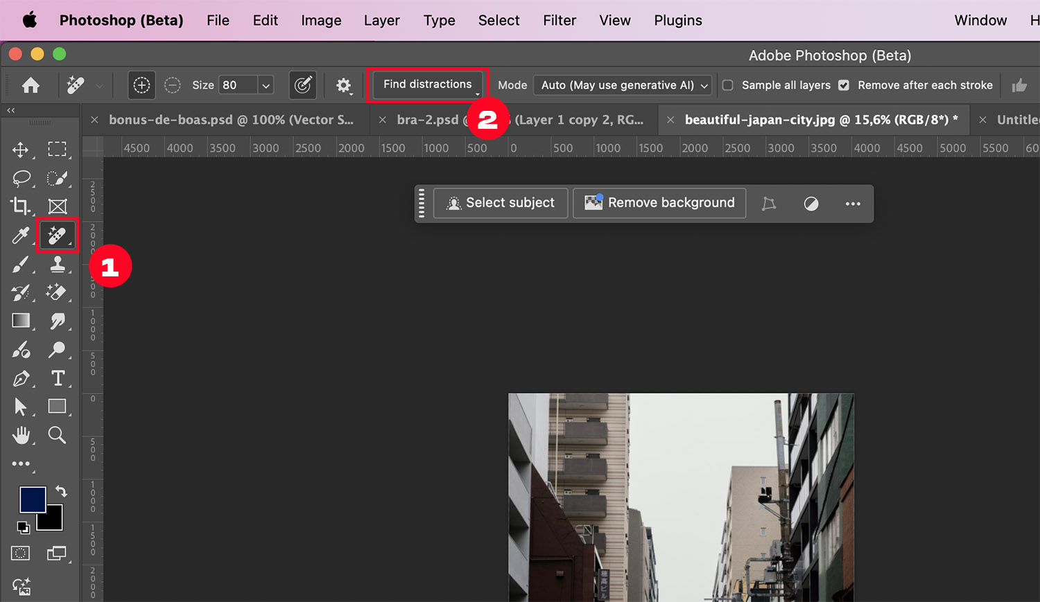 Панель Adobe Photoshop с выбранным Remove Tool и кнопкой Find distractions
