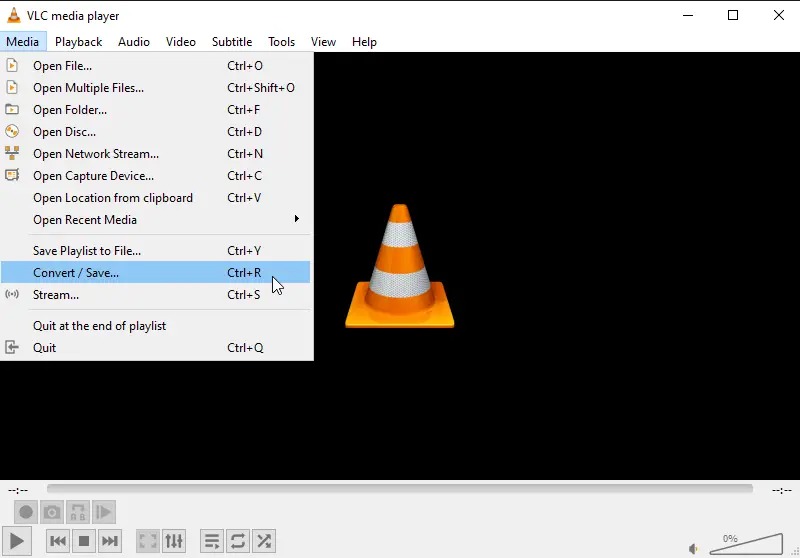 Меню Media в VLC media player с пунктом Convert Save