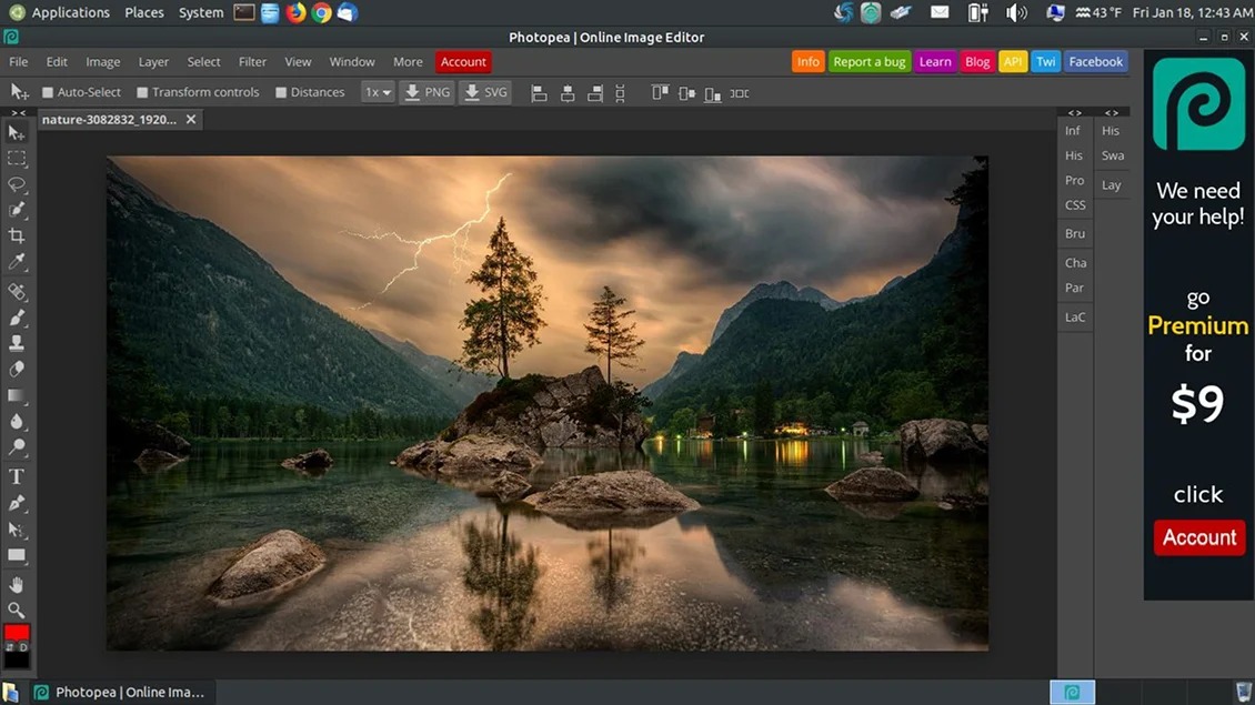 Интерфейс Photopea с документом, слоями и инструментами в браузере