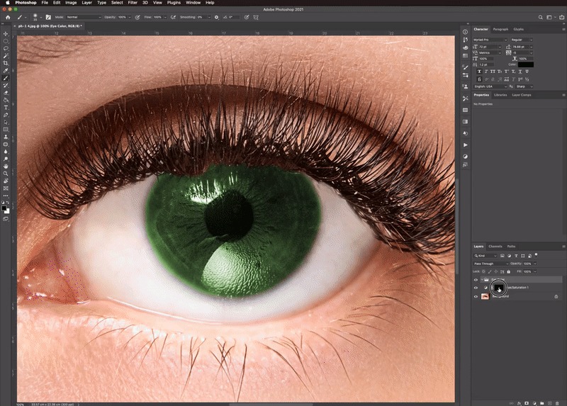 Маска и изменённый цвет радужки в Adobe Photoshop