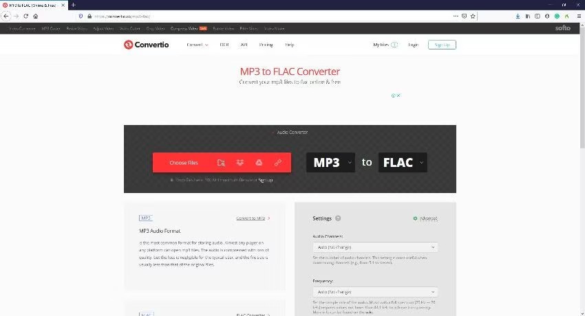 Интерфейс Convertio для преобразования MP3 в FLAC с кнопкой Choose Files и настройками каналов и частоты
