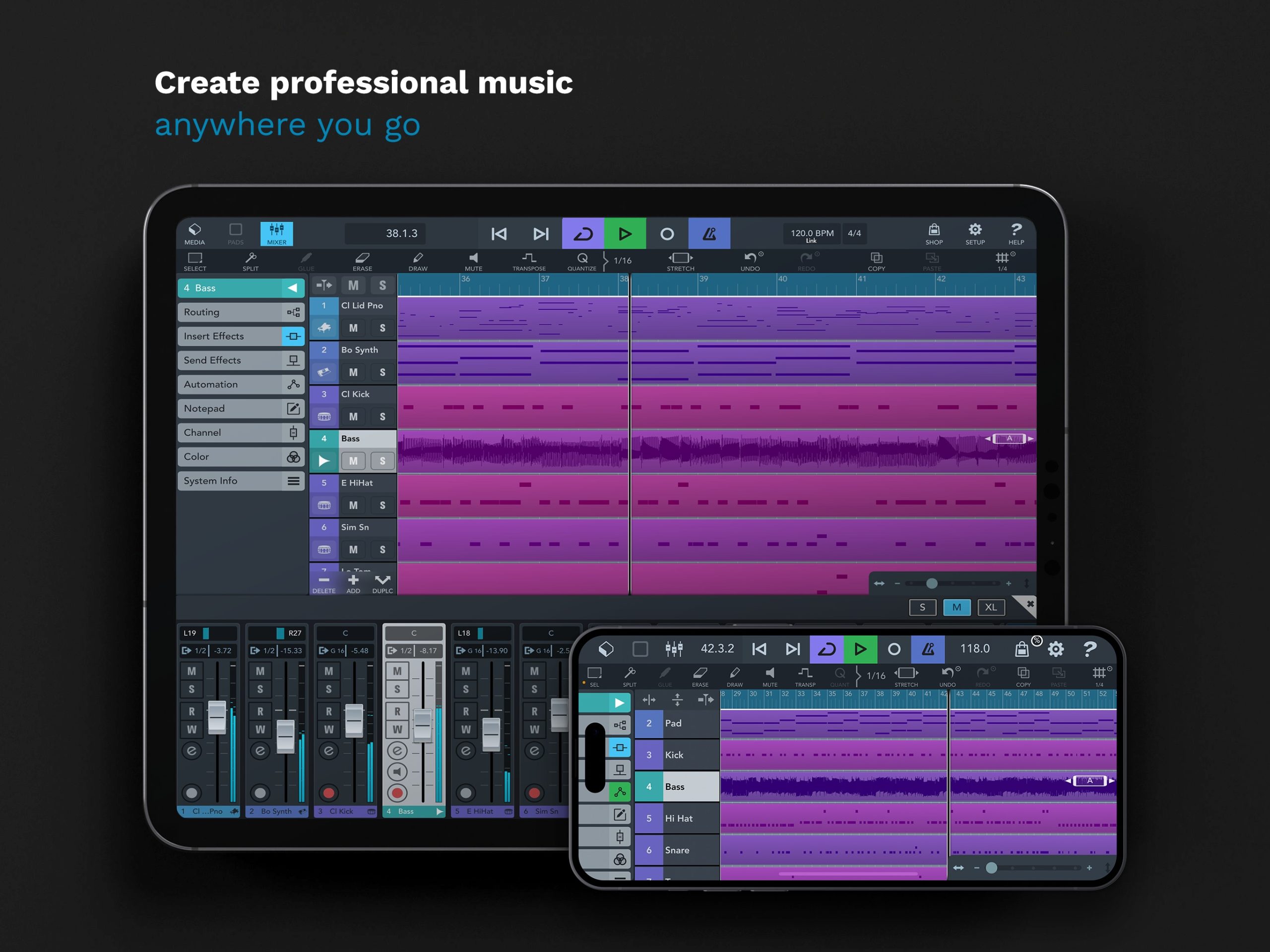 Cubasis 3 на iPad с аранжировкой, дорожками и инструментами редактирования