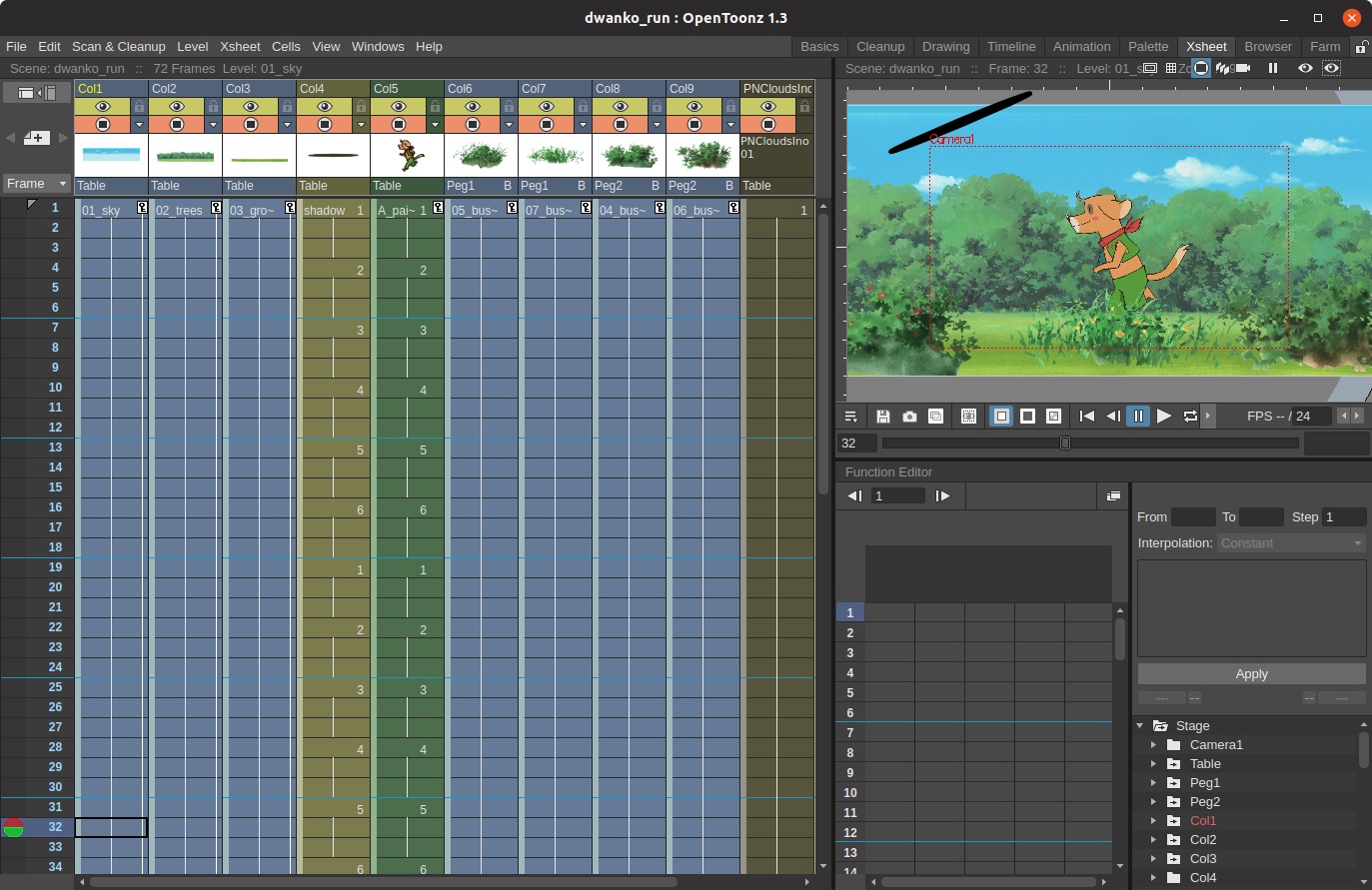 Интерфейс OpenToonz с Xsheet, сценой и редактором функций