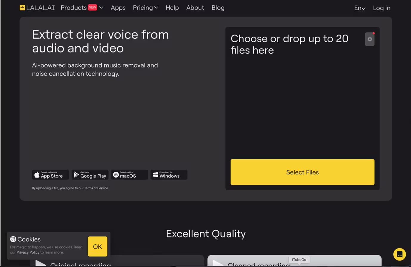 Веб-интерфейс LALAL.AI Voice Cleaner для загрузки аудио и видео
