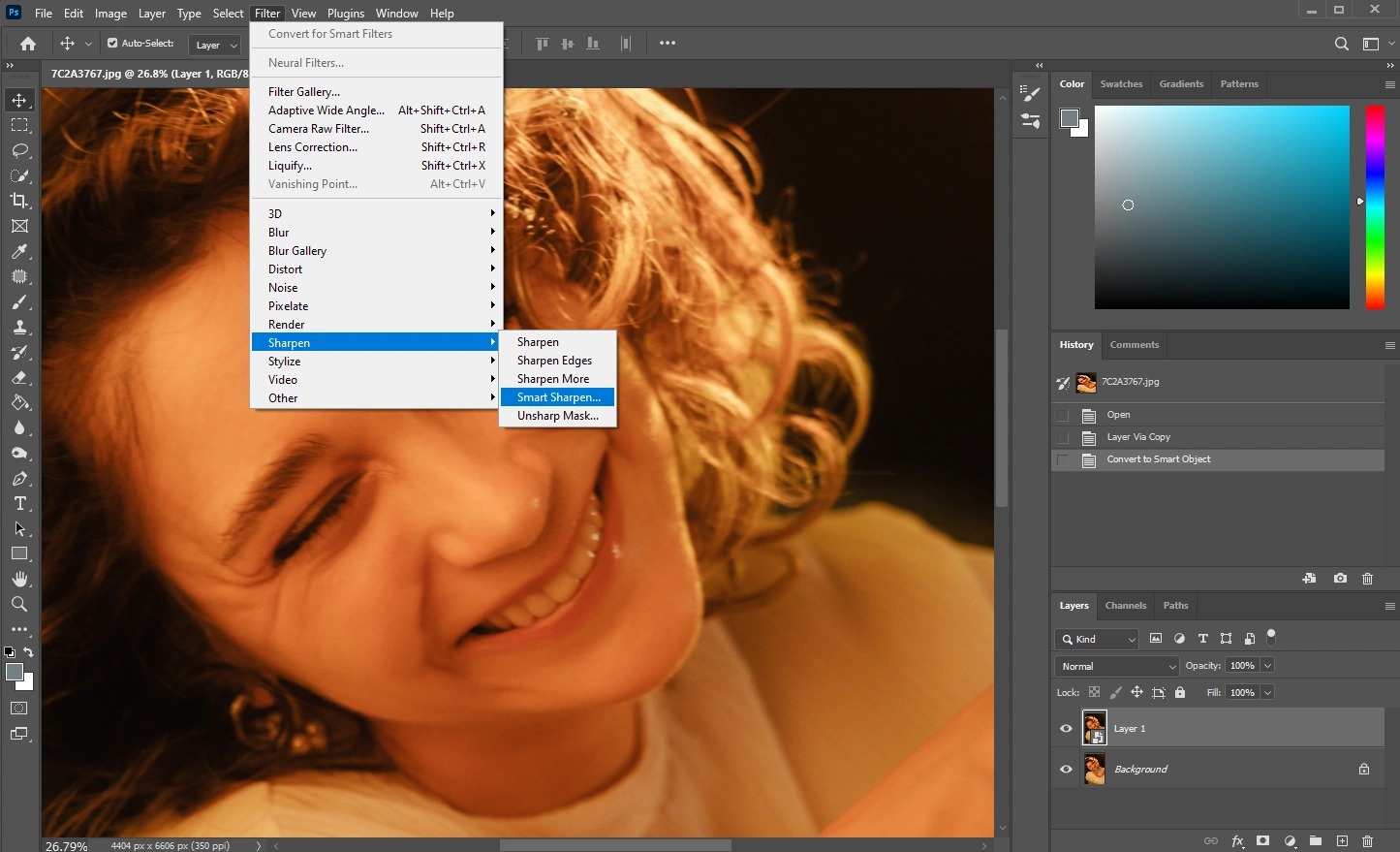 Пункт Smart Sharpen в меню Filter программы Adobe Photoshop