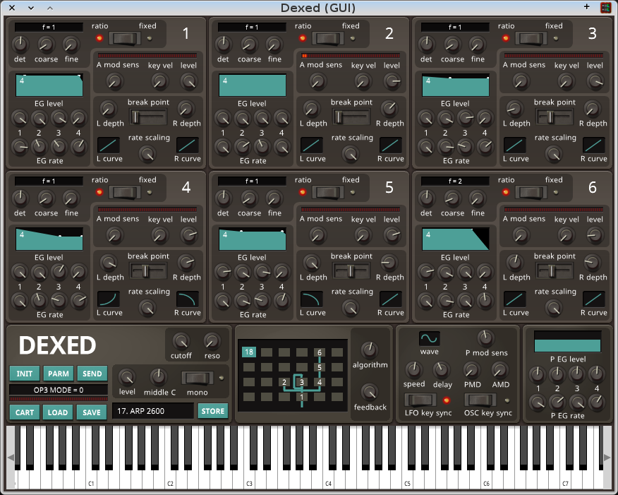 Интерфейс Dexed с шестью FM-операторами, алгоритмом и виртуальной клавиатурой