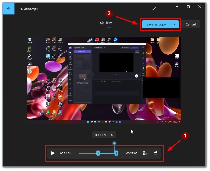 Обрезка видео и сохранение копии в приложении Фотографии Windows