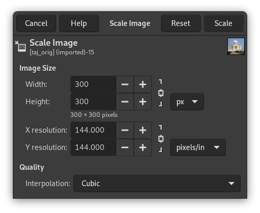 Диалог Scale Image в GIMP с Width, Height, X resolution и Interpolation