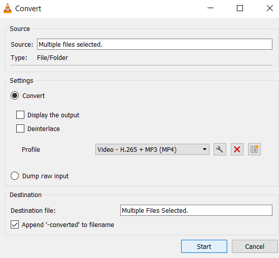 Окно Convert VLC со списком Profile, кнопкой редактирования профиля и полем Destination file