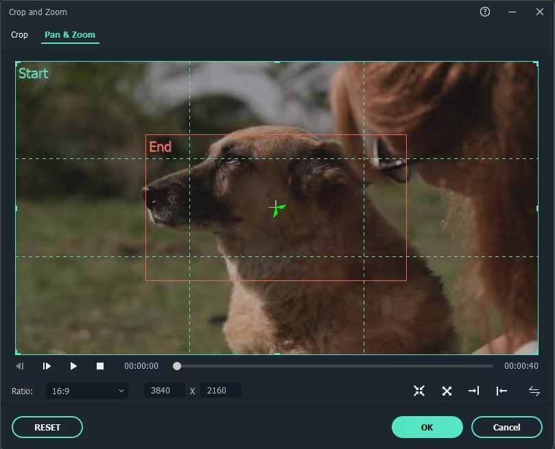 Окно Crop and Zoom с рамками Start и End в Wondershare Filmora
