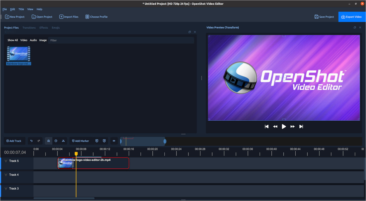Интерфейс OpenShot с файлами проекта, окном предпросмотра и многодорожечным таймлайном