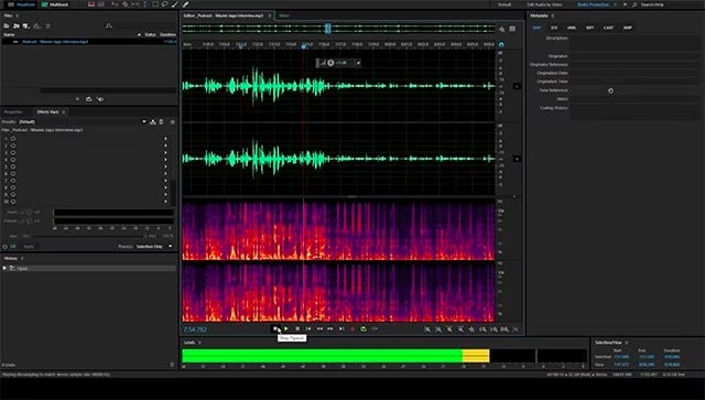 Интерфейс Adobe Audition с аудиодорожками и панелями редактирования