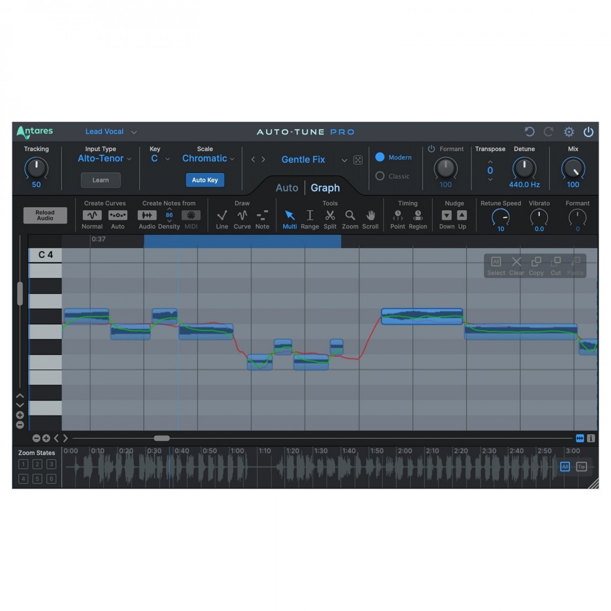 Auto-Tune Pro 11 в Graph Mode с кривой высоты вокала