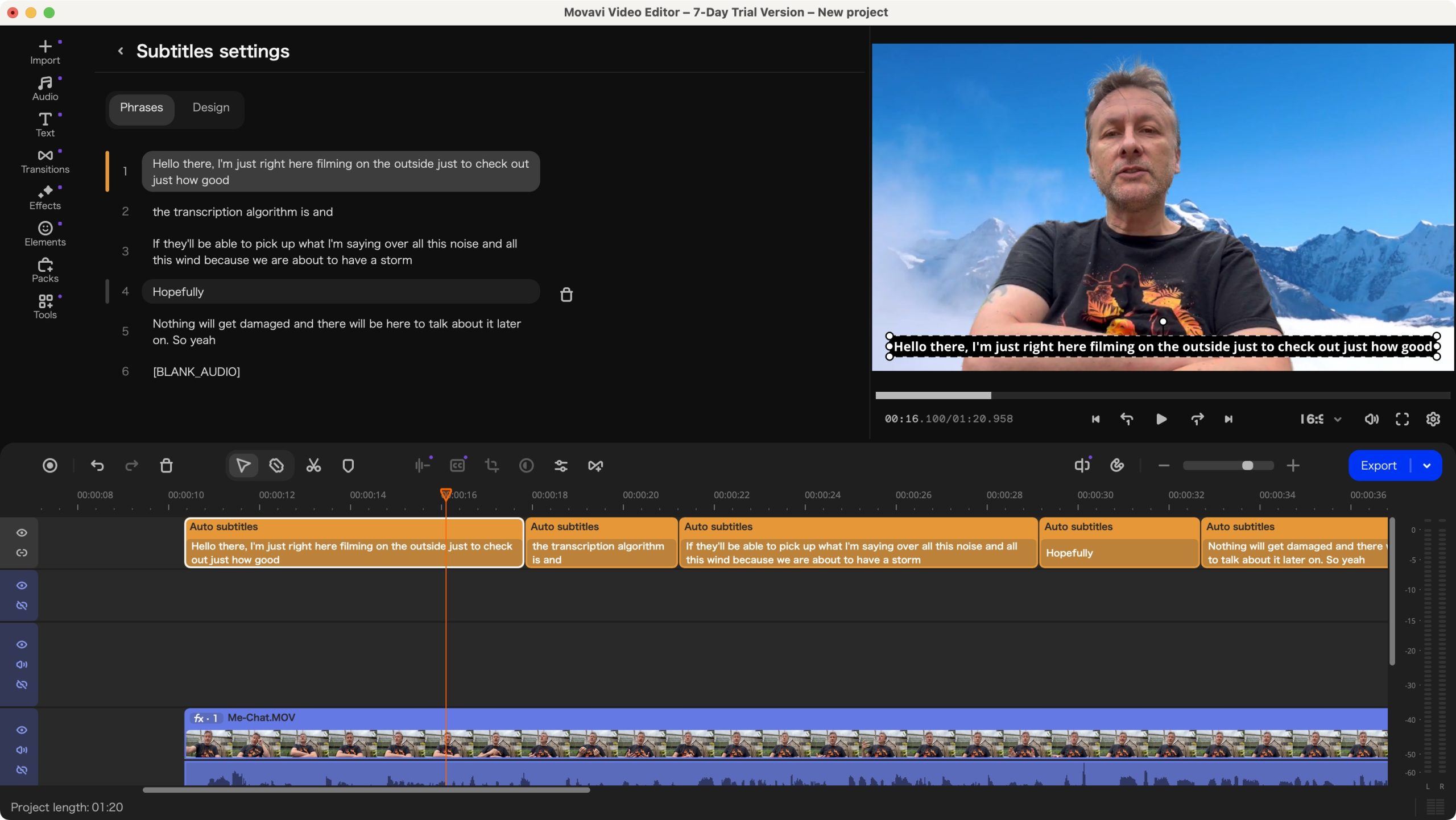 Панель Auto subtitles в Movavi Video Editor