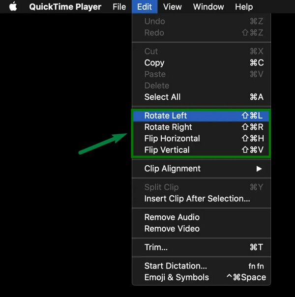 Меню Edit в QuickTime Player с командами Rotate Left и Rotate Right