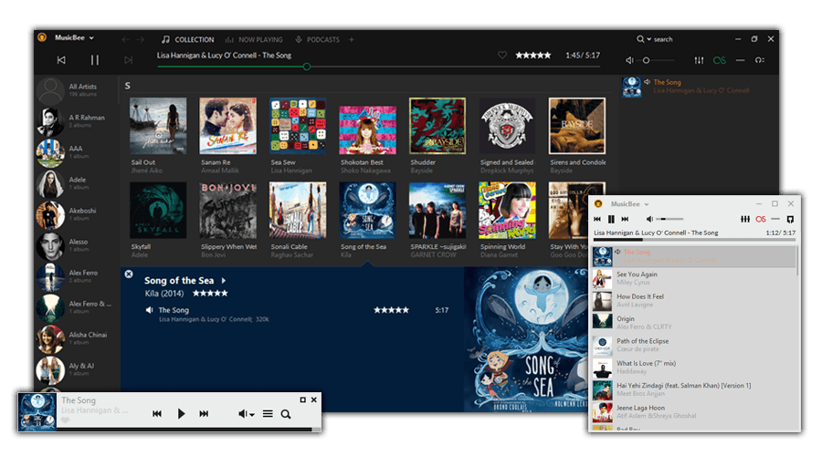 Интерфейс MusicBee с медиатекой, альбомами, текущим треком и очередью воспроизведения