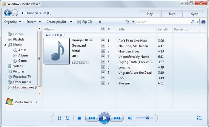 Windows Media Player 12 с музыкальной библиотекой и панелью воспроизведения