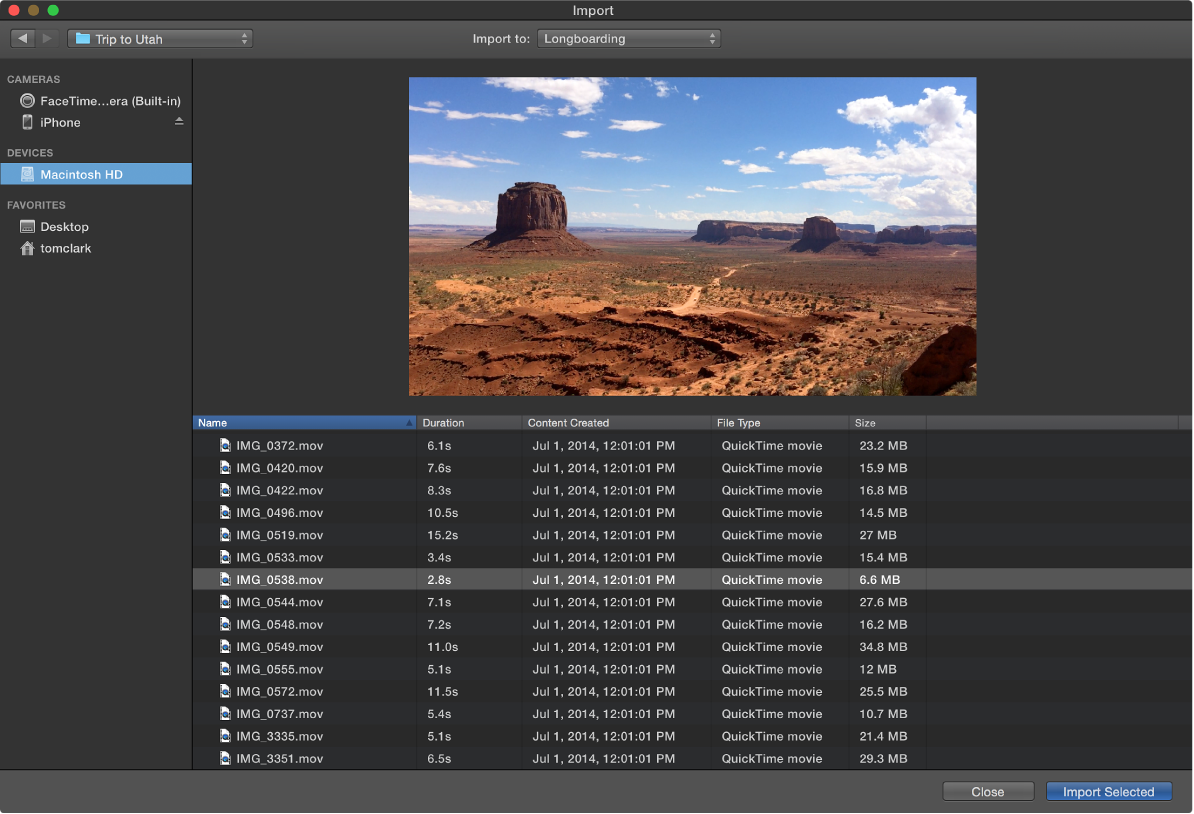Окно импорта iMovie на Mac