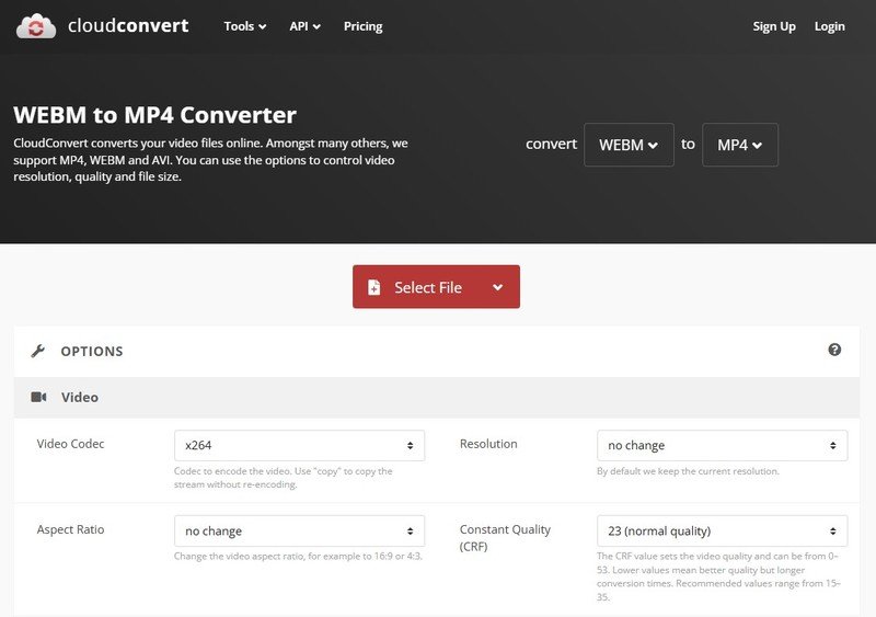 Веб-интерфейс CloudConvert для преобразования WebM в MP4