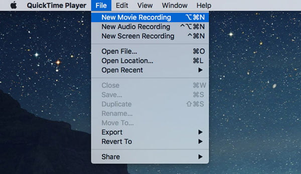 Меню File в QuickTime Player с пунктом New Movie Recording